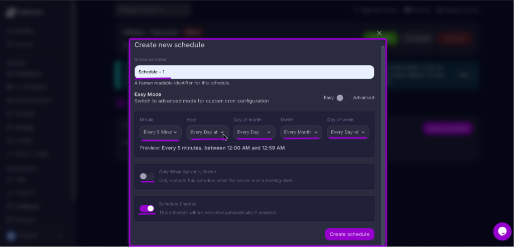 Vrising Create Schedule configure highlighted with an arrow
