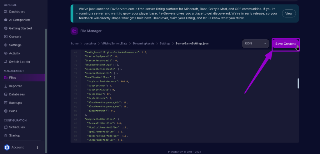 Vrising Gametimemodifiers daytime configured highlighted with arrow