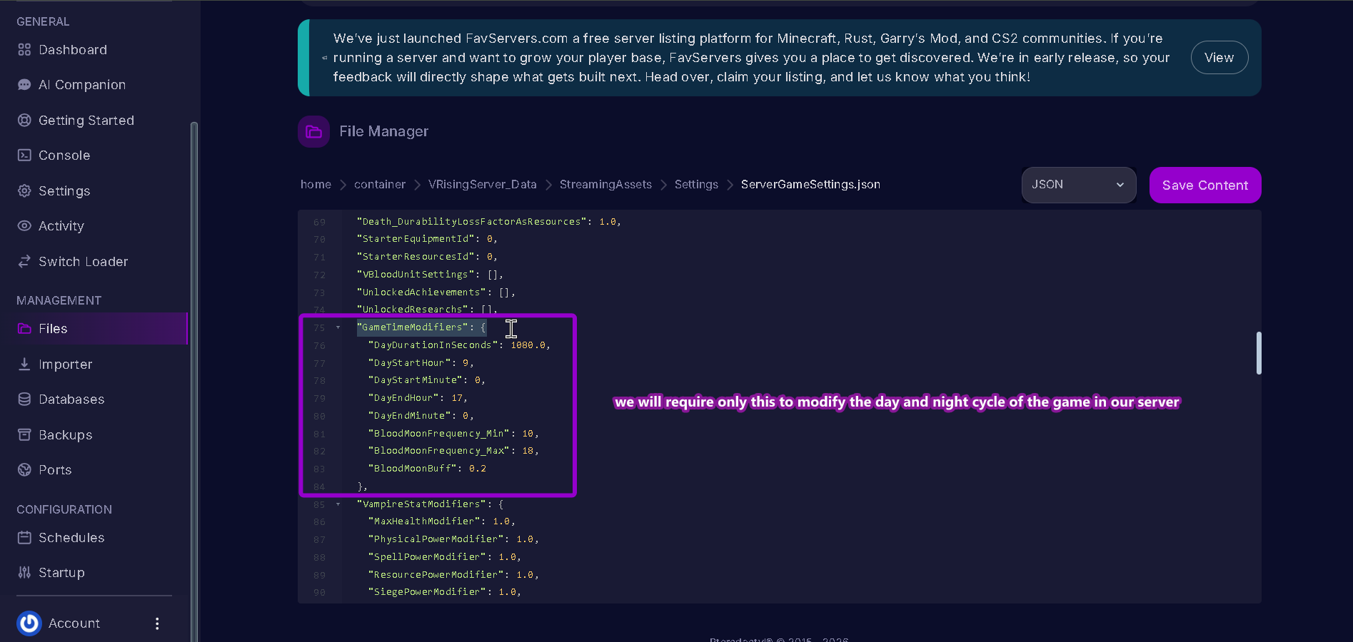 Vrising Gametimemodifiers  highlighted with arrow and text