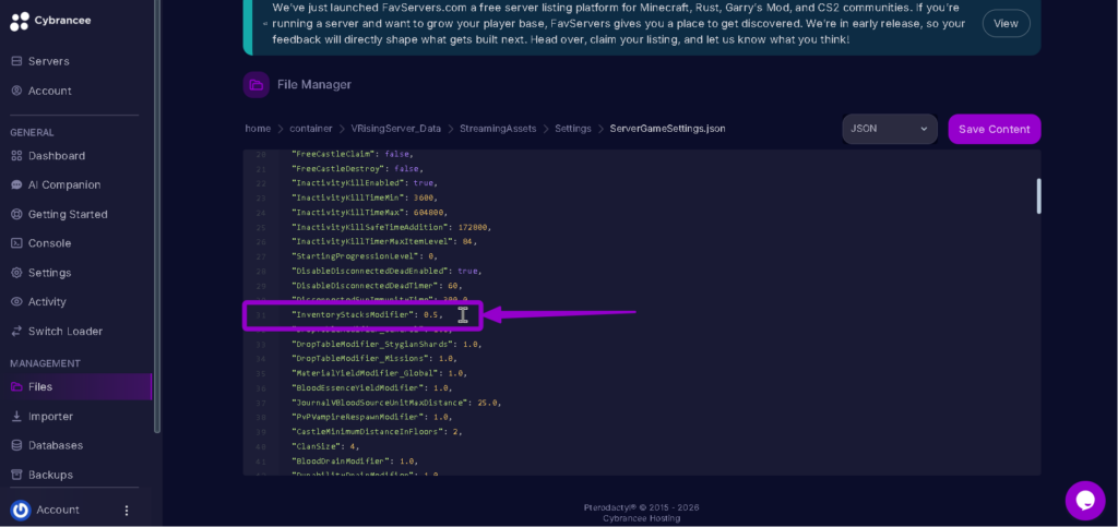 Vrising Inventorystack 0.5 highlighted with arrow