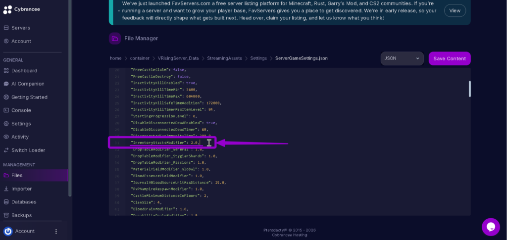 Vrising Inventorystack 2.0 highlighted with arrow