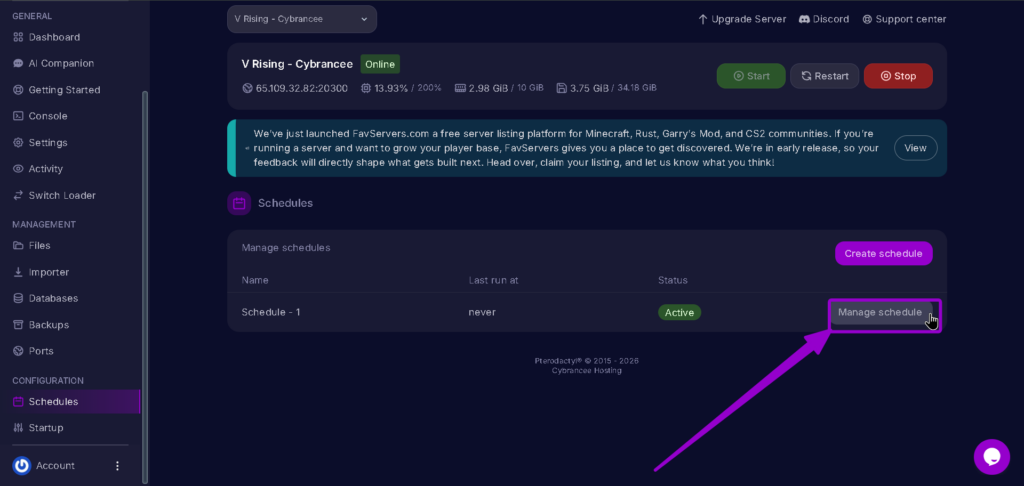 Vrising Manage Schedule highlighted with arrow