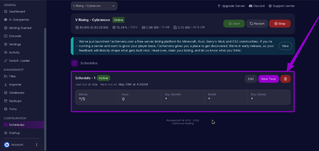 Vrising Manage Schedule open highlighted with arrow 