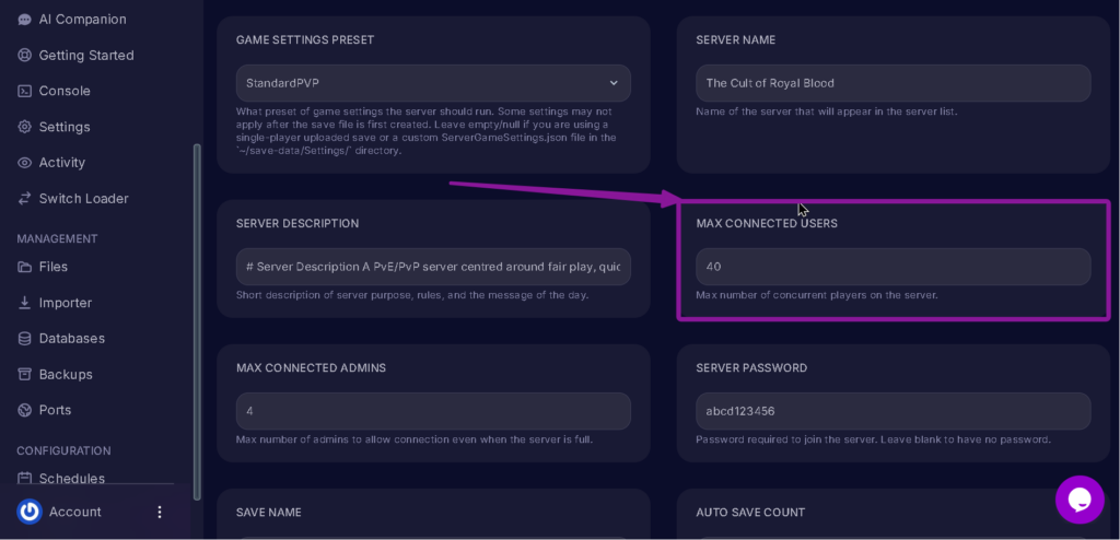Vrising Max Connected Users highlighted with an arrow.