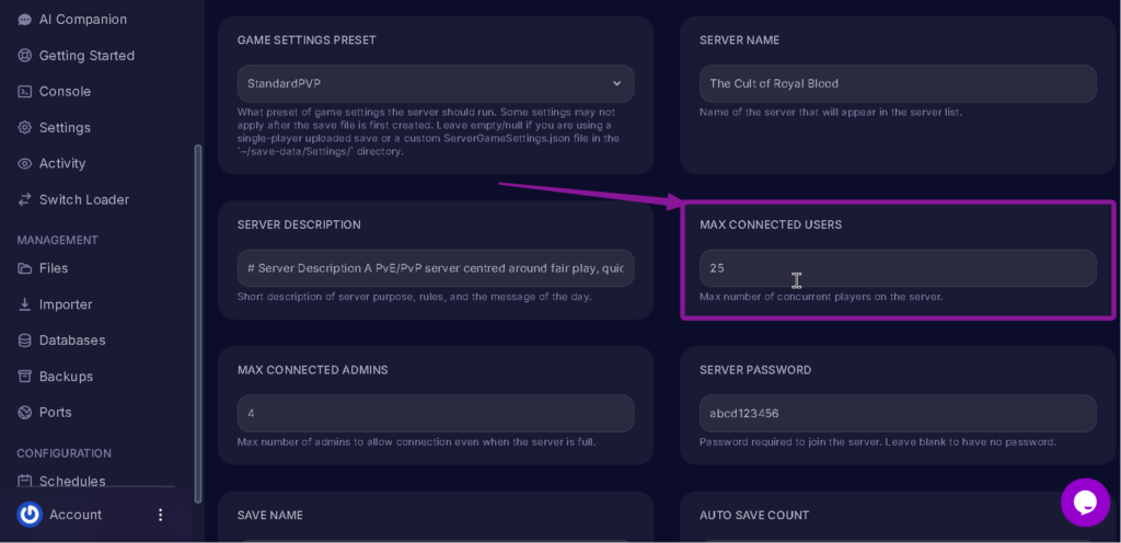 Vrising Max Connected Users decreased
highlighted with an arrow.
