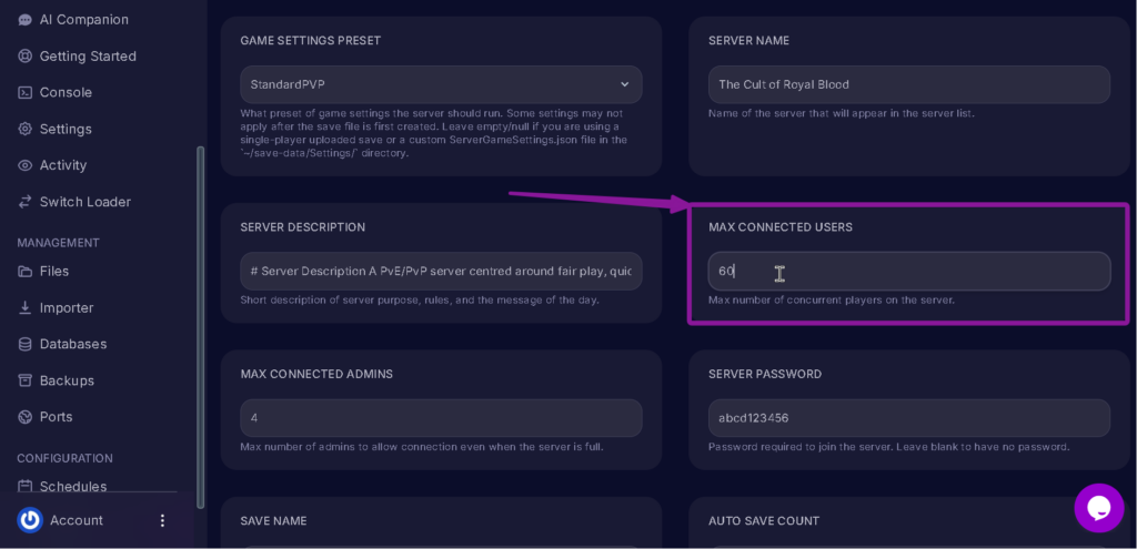 Vrising Max Connected Users increased highlighted with an arrow.