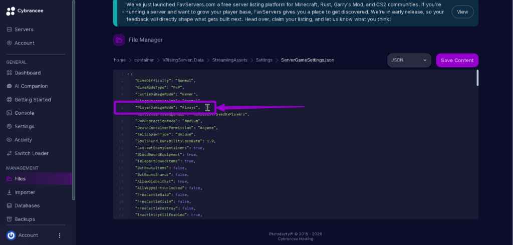Vrising PlayerDamageMode open highlighted with arrow