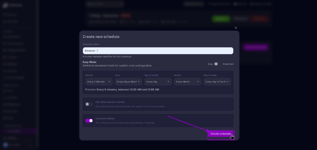 Vrising Schedule Create button highlighted with arrow