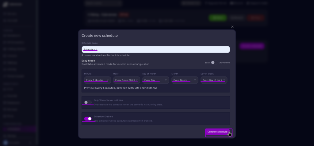 Vrising Schedule create schedule created highlighted with arrow