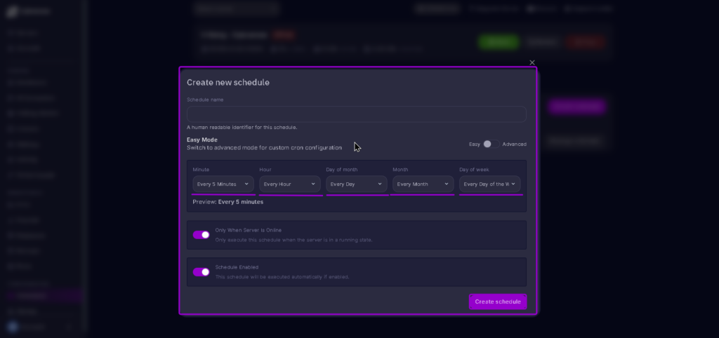 Vrising Schedule create schedule dashboard highlighted with arrow