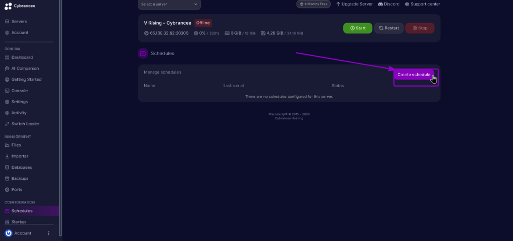Vrising Schedule create schedule highlighted with arrow