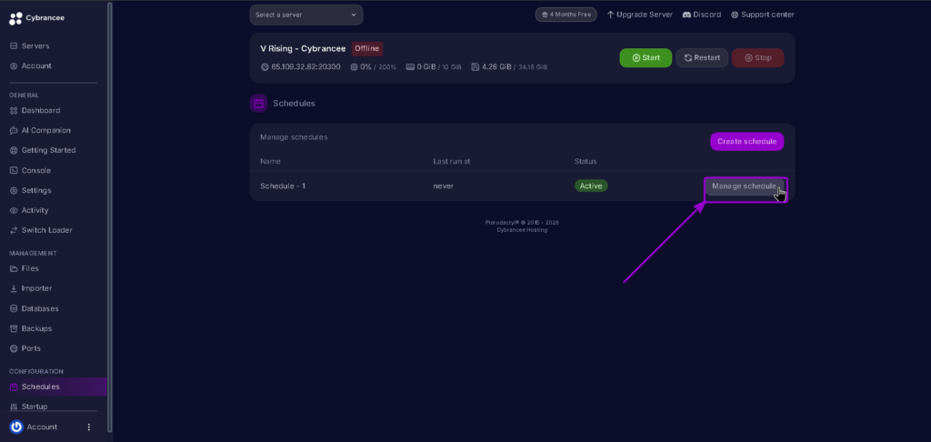 Vrising Schedule manage schedule highlighted with arrow
