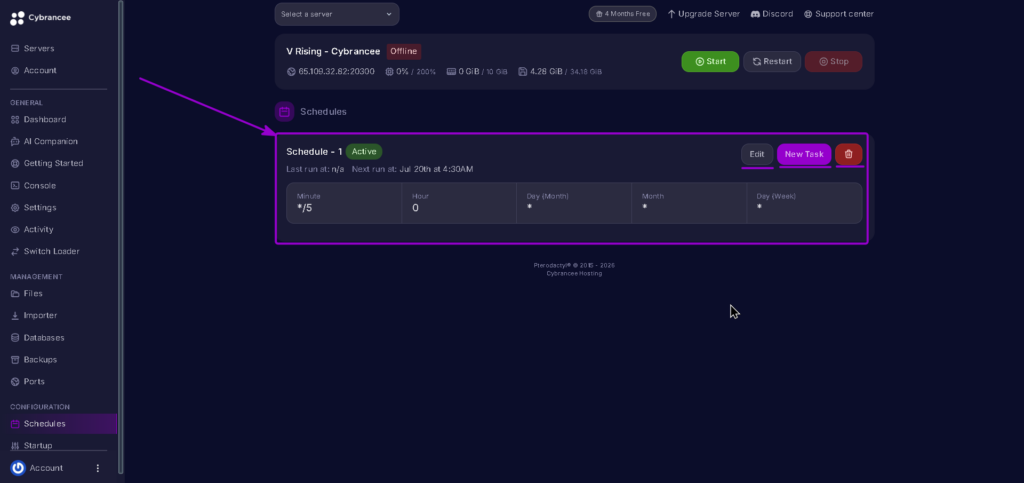 Vrising Schedule manage schedule open highlighted with arrow