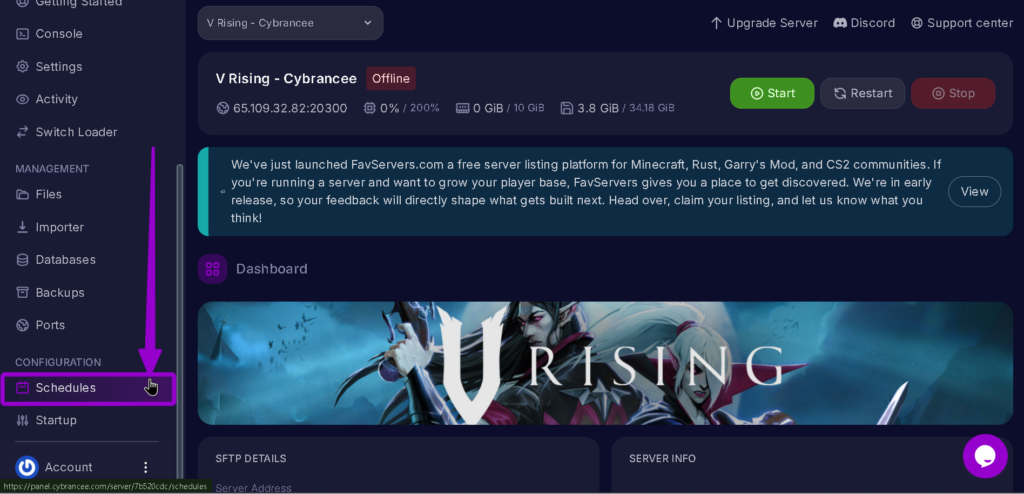 Vrising Schedules tab highlighted with arrow