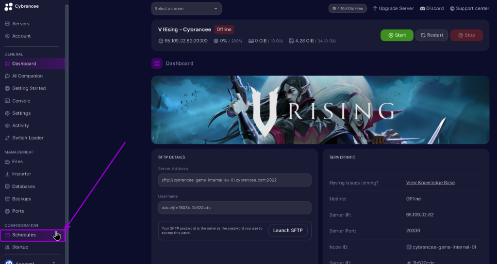 Vrising Schedules tab highlighted