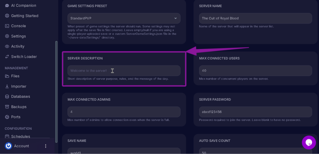 Vrising Server Description Unchanged highlighted with an arrow