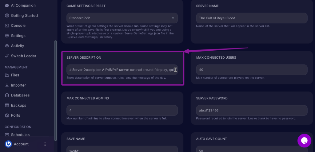 Vrising Server Description Changed highlighted with an arrow