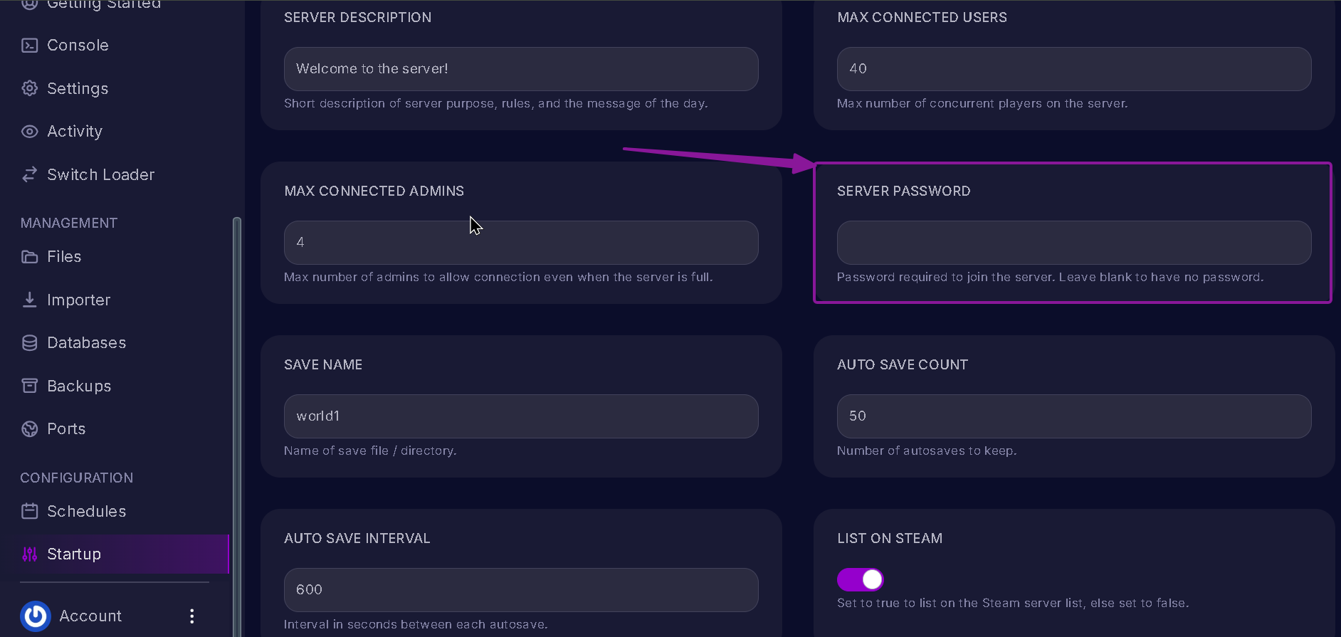 Vrising Server Without Password highlighted with an arrow
