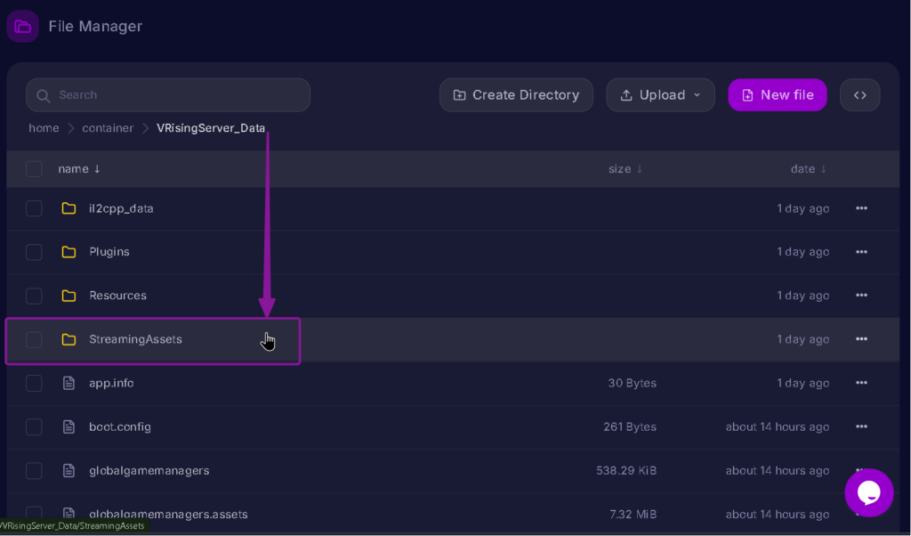 Vrising Server streaming assets in Files Tab highlighted with arrow