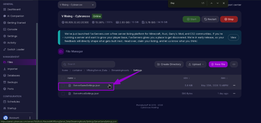 Vrising Servergamesettings.json in Files Tab highlighted with arrow