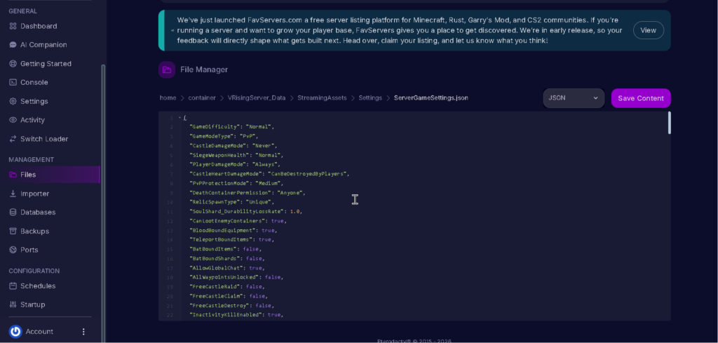 Vrising Servergamesettings.json open not highlighted .