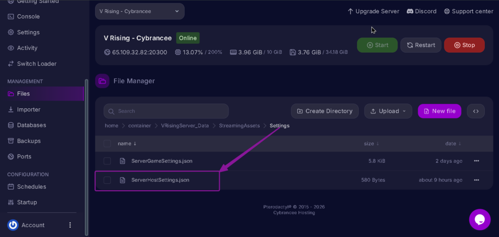 Vrising Serverhostsettings.json in Files Tab highlighted with arrow