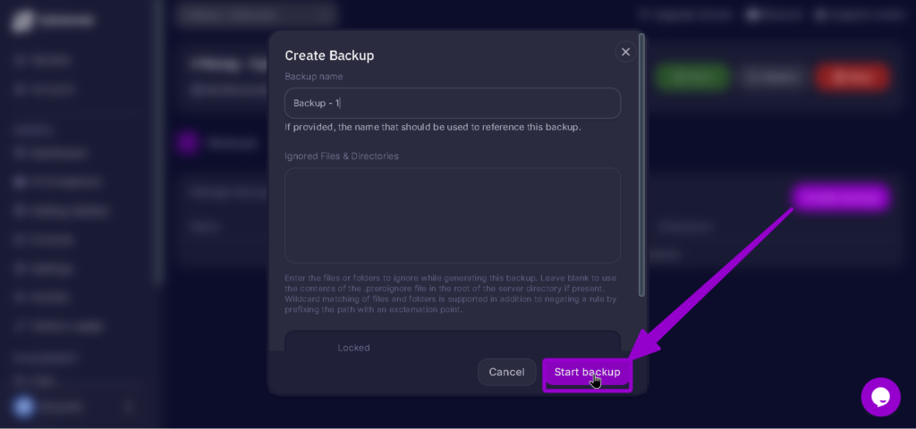 Vrising Start Backup option highlighted with arrow