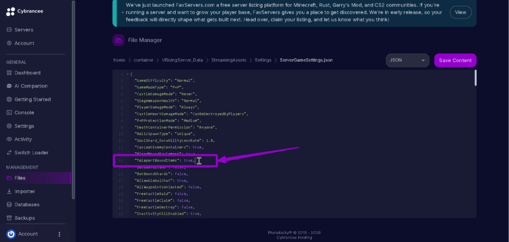 Vrising TeleportBoundItems in Files Tab highlighted with arrow