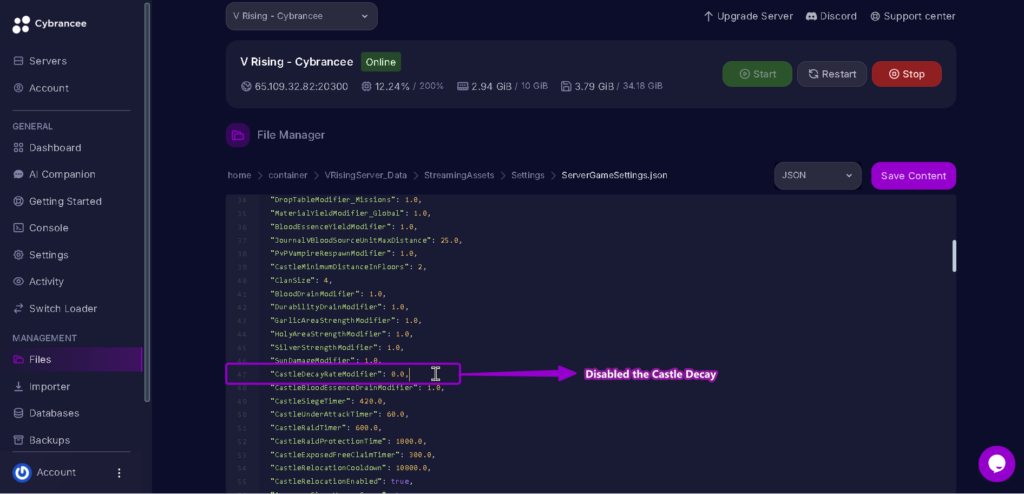 Vrising castledecayrate disabled highlighted with arrow