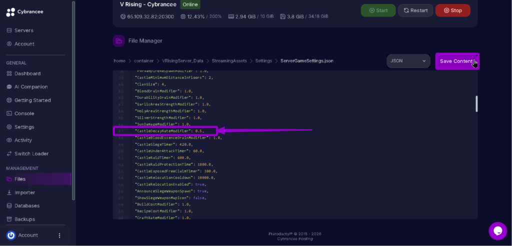 Vrising castledecayrate modified saving highlighted with arrow