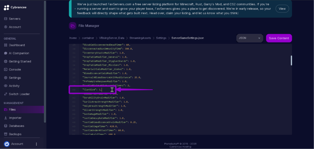 Vrising clansize 1 highlighted with arrow