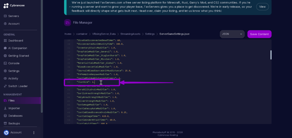 Vrising clansize 2 highlighted with arrow