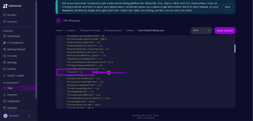 Vrising clansize open highlighted with arrow