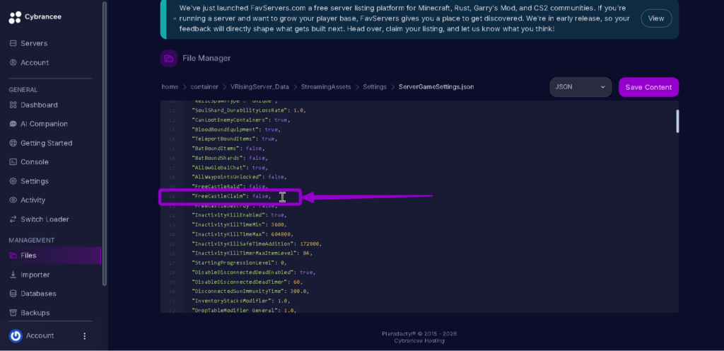 Vrising freecastleclaim in Files Tab highlighted with arrow