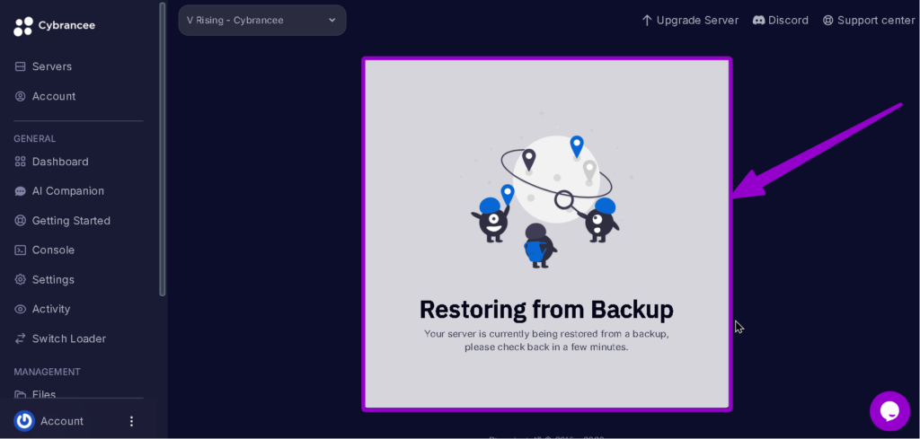 Vrising restoring Backup highlighted with arrow
