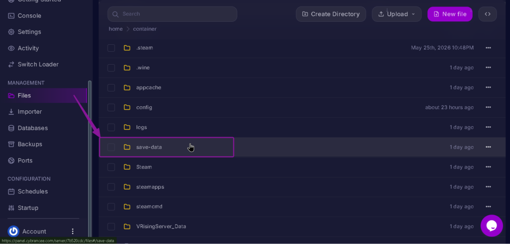 Vrising server Savedata file in Files Tab highlighted with arrow