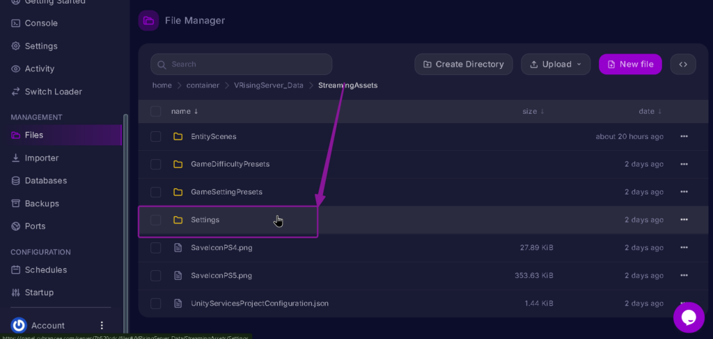 Vrising server Settings in Files Tab highlighted with arrow