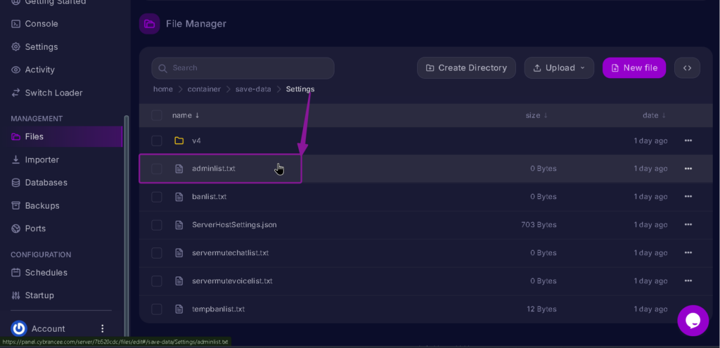Vrising server adminlist.txt in settings file highlighted with arrow