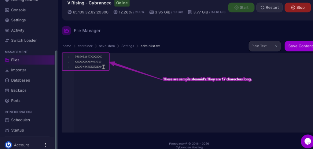 Vrising server adminlist.txt in settings file modified highlighted wit arrow
