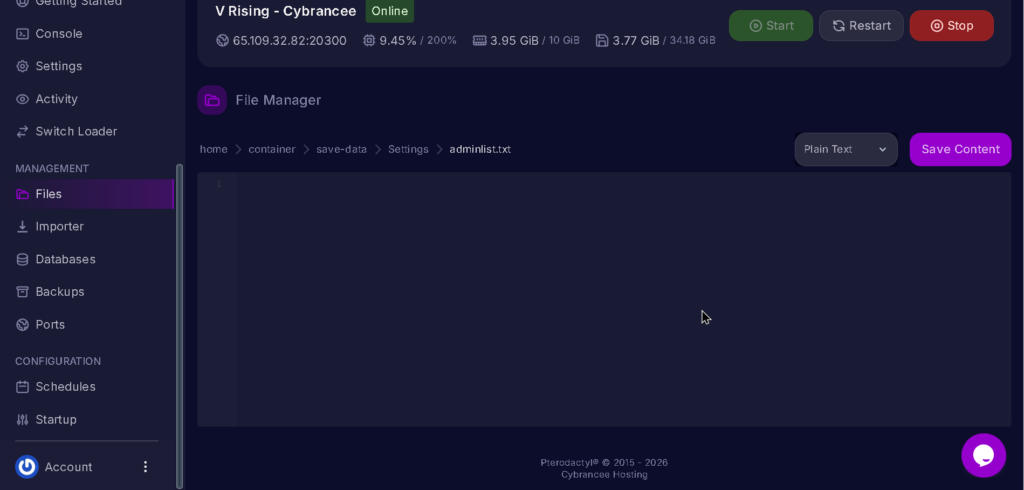Vrising server adminlist.txt in settings file opened highlighted with arrow