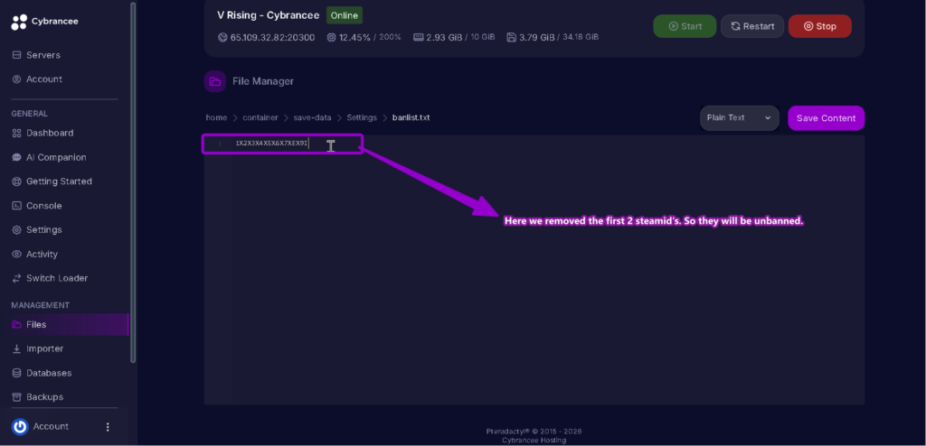 Vrising server banlist.txt 2 unbanned highlighted with arrow and text