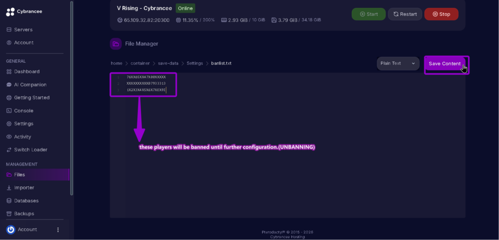 Vrising server banlist.txt 3 banned saved highlighted with arrow and text
