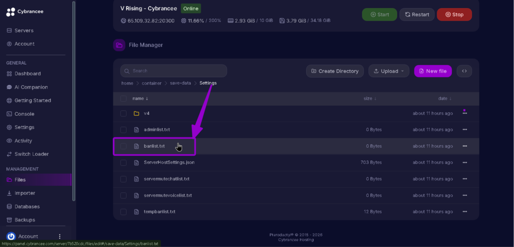 Vrising server banlist.txt in settings file highlighted with arrow