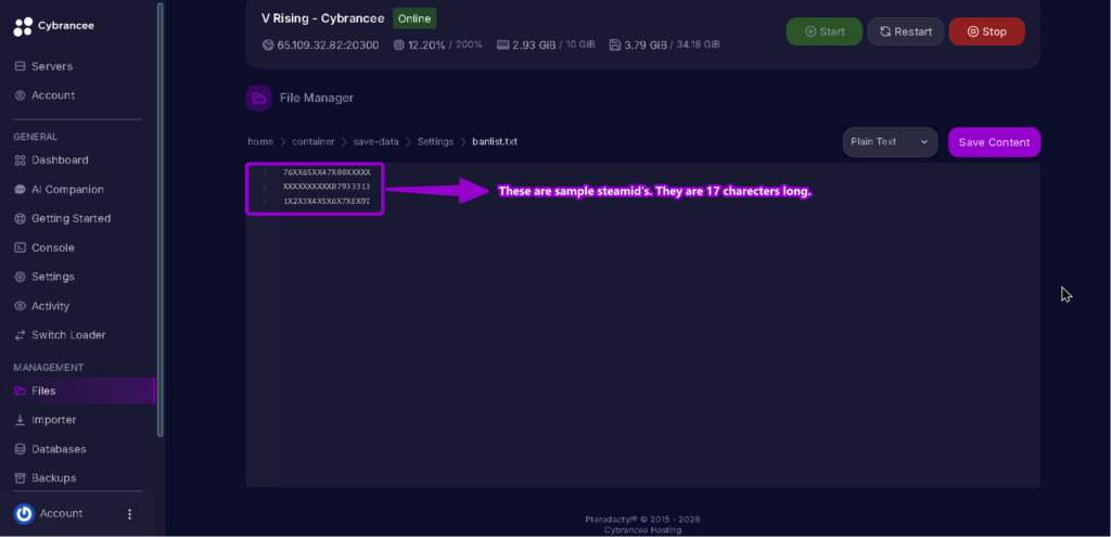 Vrising server banlist.txt open added highlighted with arrow and text