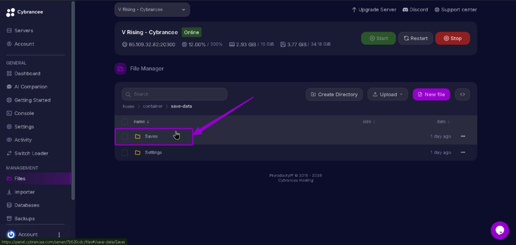 Vrising server saves file in Savedata file highlighted with arrow