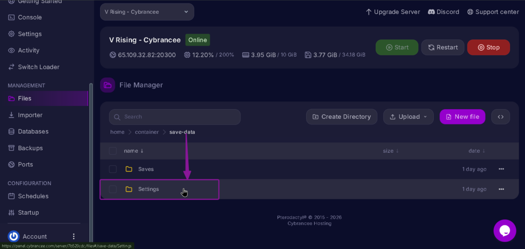 Vrising server settings file in Savedata file highlighted wit arrow