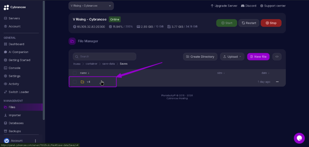 Vrising server v4 file in saves file highlighted with arrow