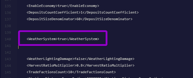 The WeatherSystem setting highlighted in the Sandbox_config.sbc file