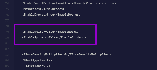 The EnableWolfs and EnableSpiders settings highlighted in the Sandbox_config.sbc file.