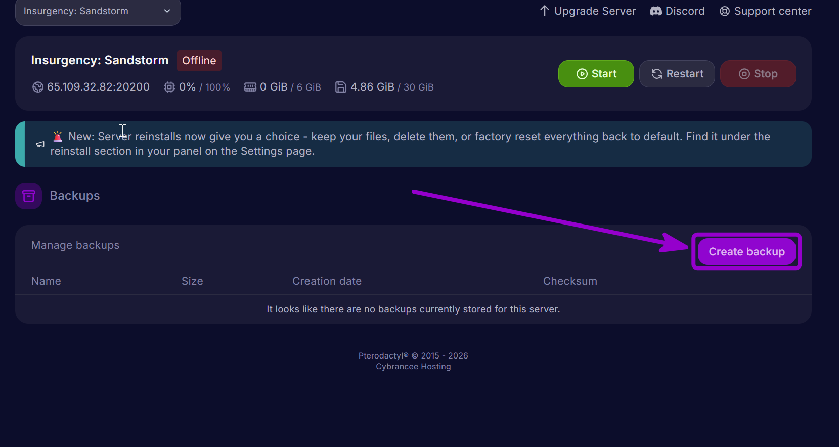 'Create Backup' outlined with arrow